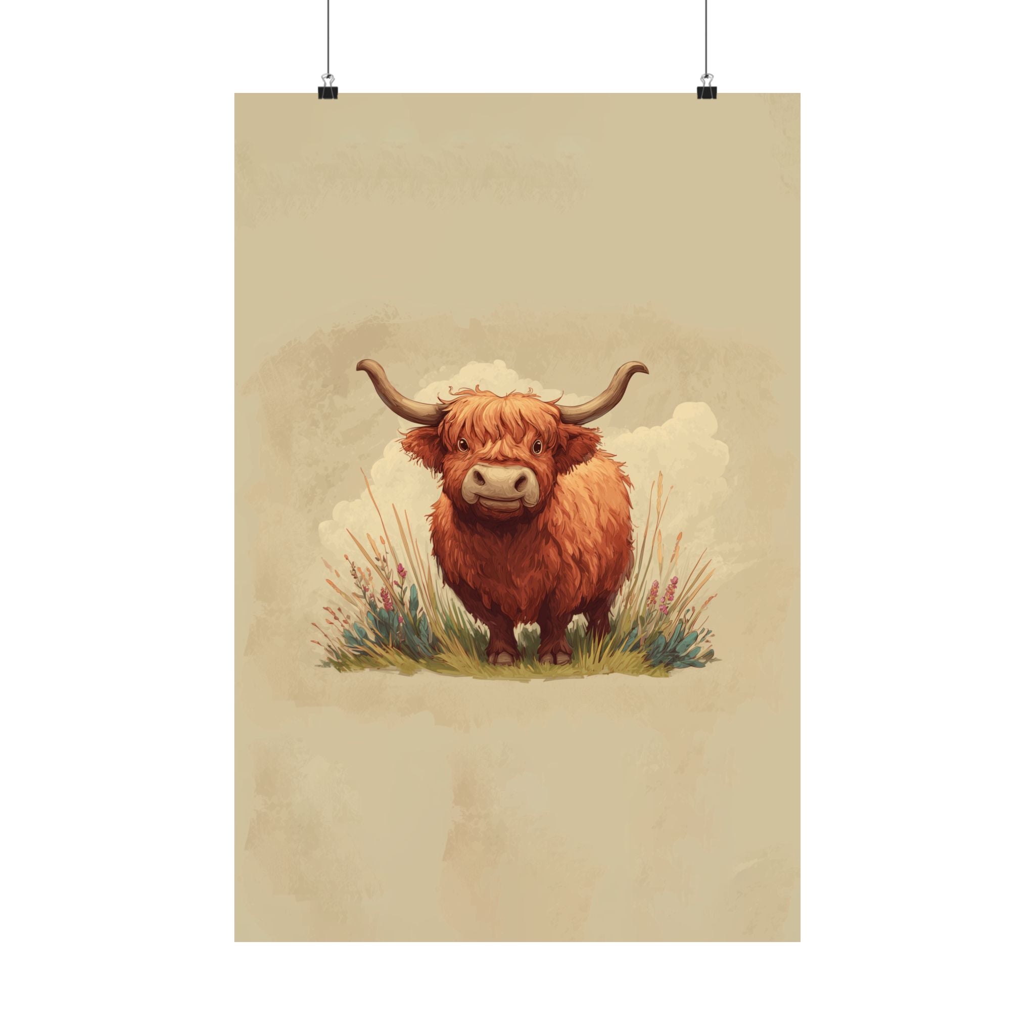 Highland Cow Illustration Matte Poster | Vertical Farm Animal Art Print