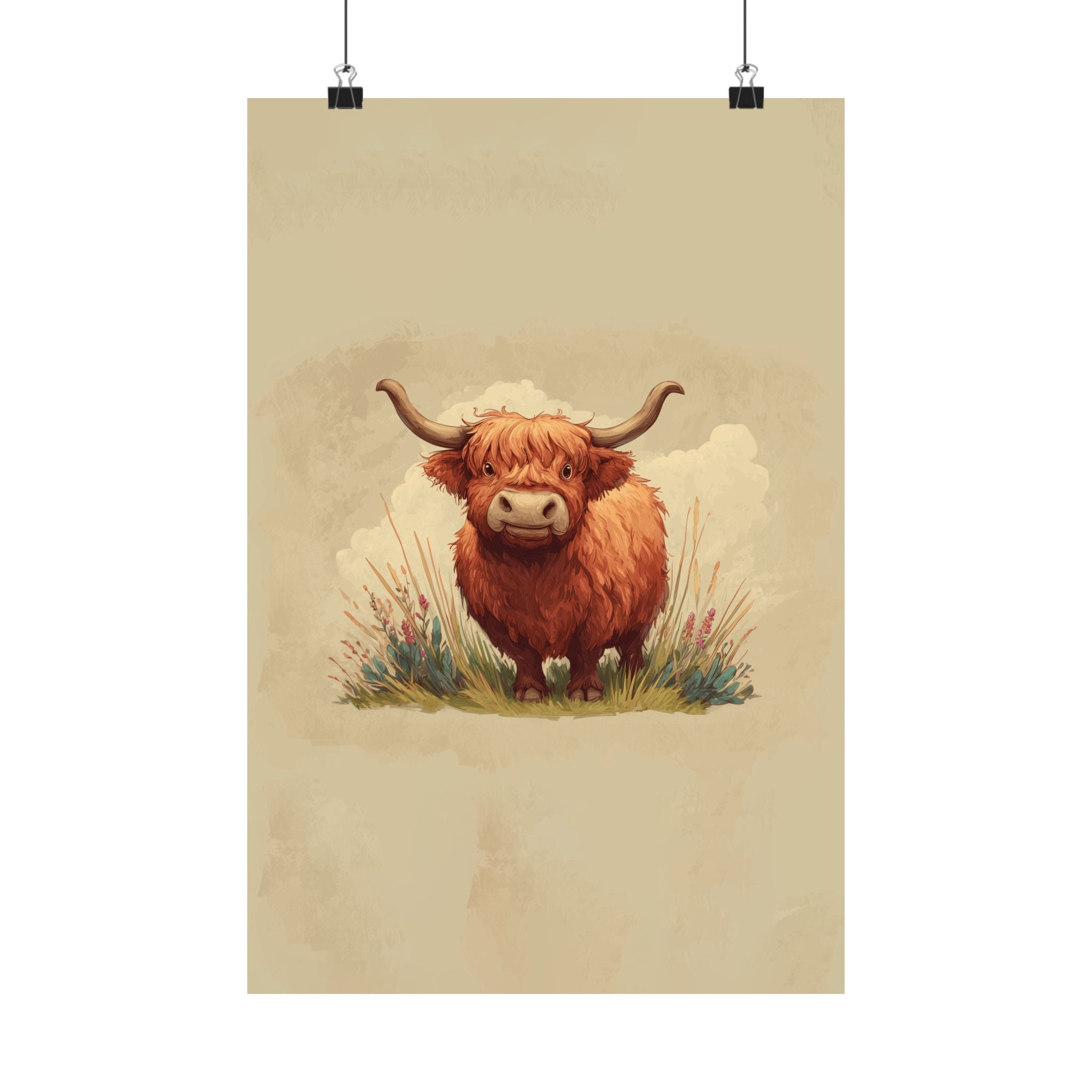 Highland Cow Illustration Matte Poster | Vertical Farm Animal Art Print