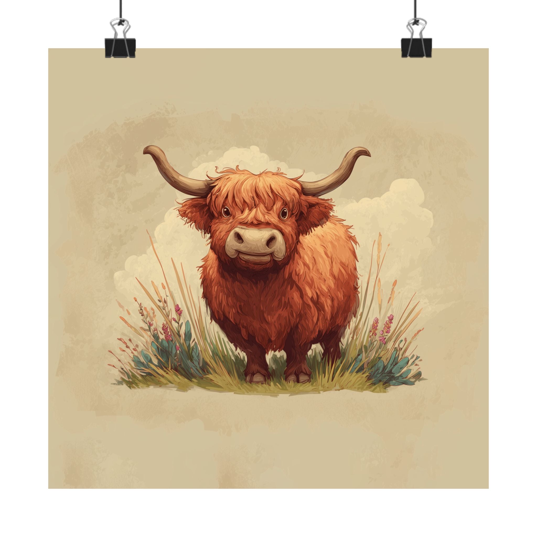 Highland Cow Illustration Matte Poster | Vertical Farm Animal Art Print