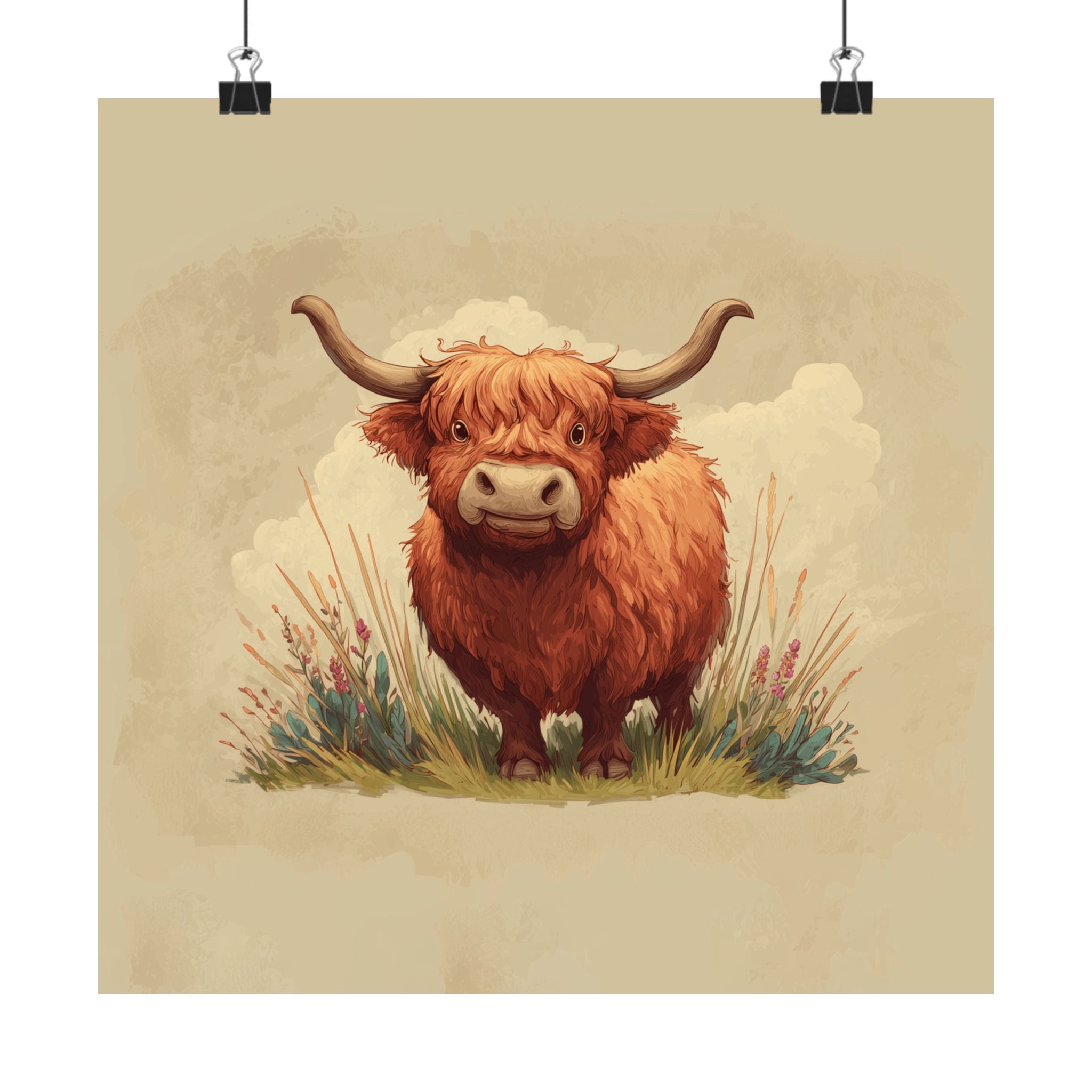 Highland Cow Illustration Matte Poster | Vertical Farm Animal Art Print