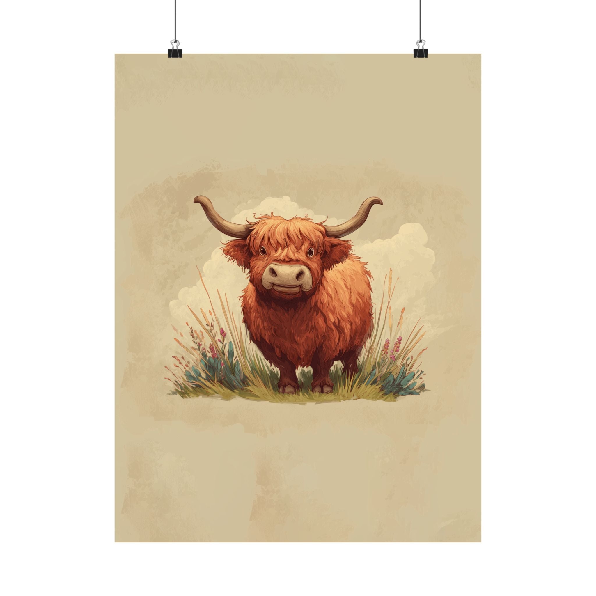 Highland Cow Illustration Matte Poster | Vertical Farm Animal Art Print
