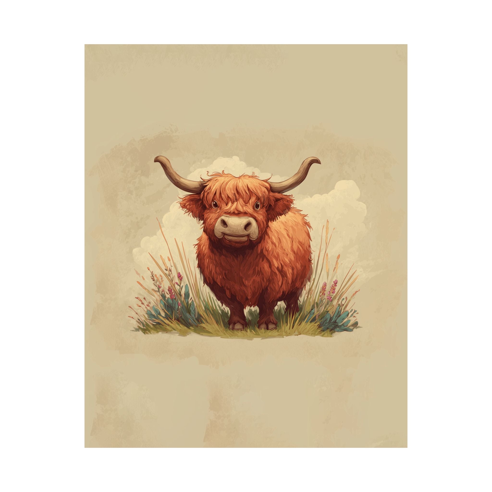 Highland Cow Illustration Matte Poster | Vertical Farm Animal Art Print